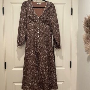 In Bloom Brown Floral Button-Front Midi Dress with Lace Trim